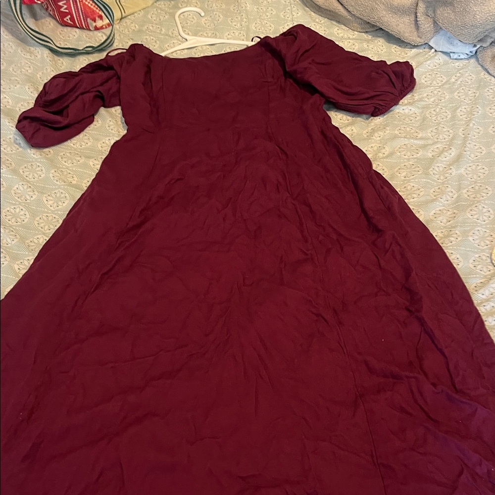 Old Navy Burgundy Midi Dress with Puff Sleeves